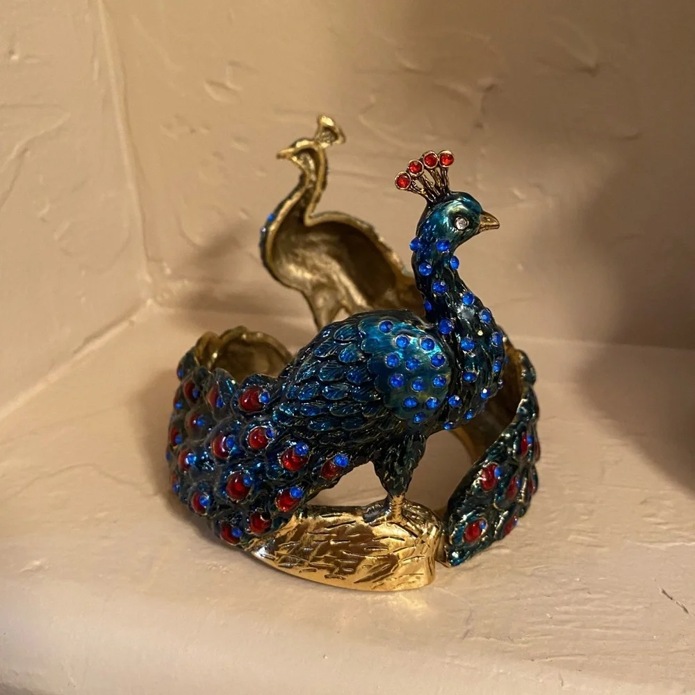 Vintage Solid Brass Enamel Painted Jeweled Double Peacock Candle Holder …